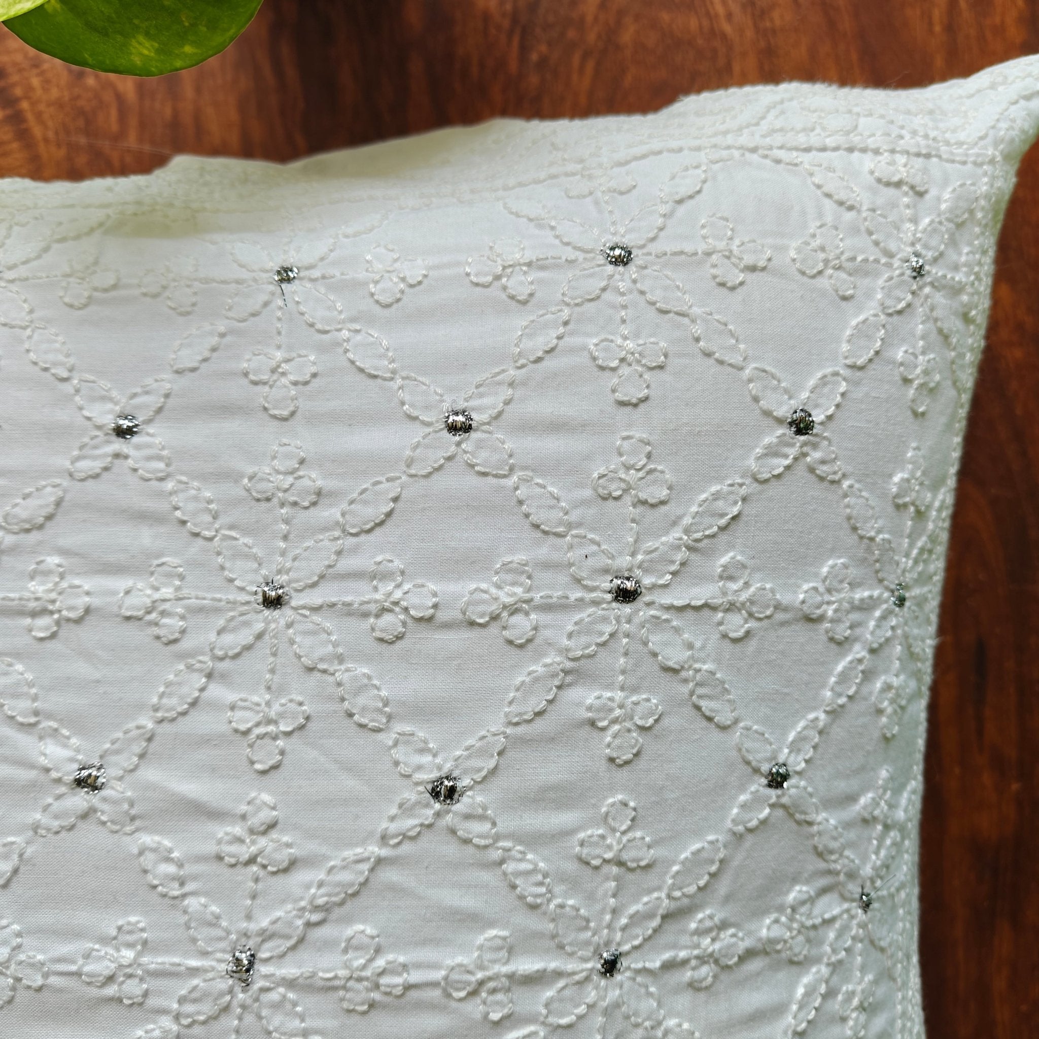 Bela White Chikankari Cushion Cover, 18" x 18", Pack of 1 - Coral Slub -